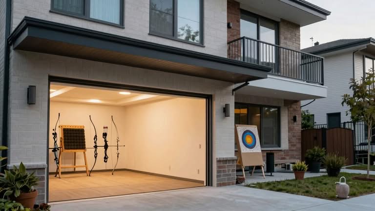 A residential garage is set up as an archery range, with three recurve bows on stands and a target positioned against the wall.