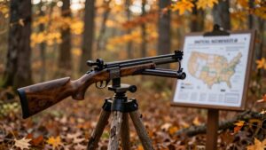 A scoped rifle mounted on a tripod stands in a forest with autumn leaves; a blurred map and information board is visible in the background.