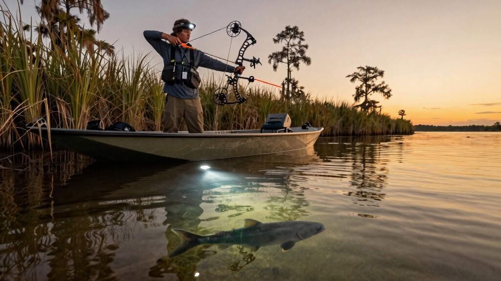 Person standing on a boat in shallow water aims a bow at a fish illuminated by an underwater light at sunset, surrounded by tall reeds and trees.