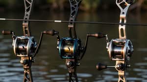 Three fishing reels mounted on rods are positioned over water, with a blurred natural background.