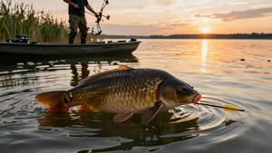 A person stands on a boat at sunset with a bow, while a large fish with an arrow in its mouth is near the water’s surface.