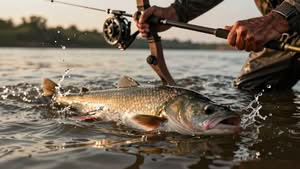 A person reels in a large fish with a fishing rod while standing in shallow water, with splashes around the fish’s head.