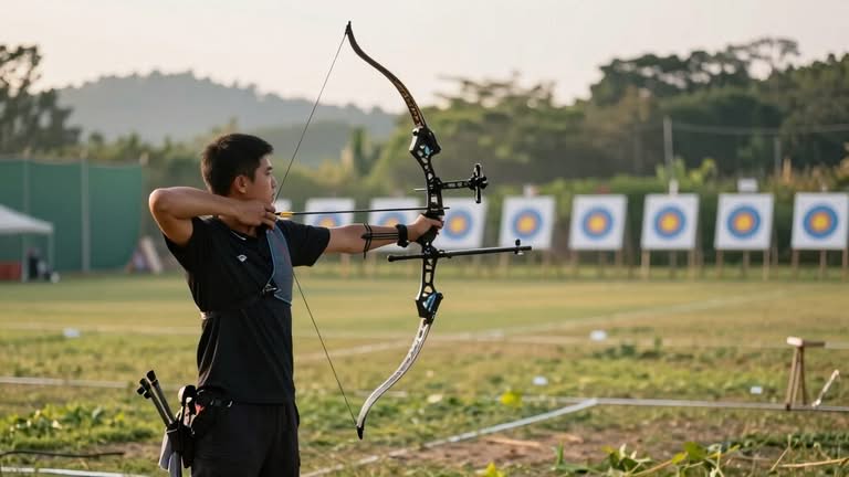 A person aims a recurve bow at an archery range with multiple target boards set up in the background on a grassy field.