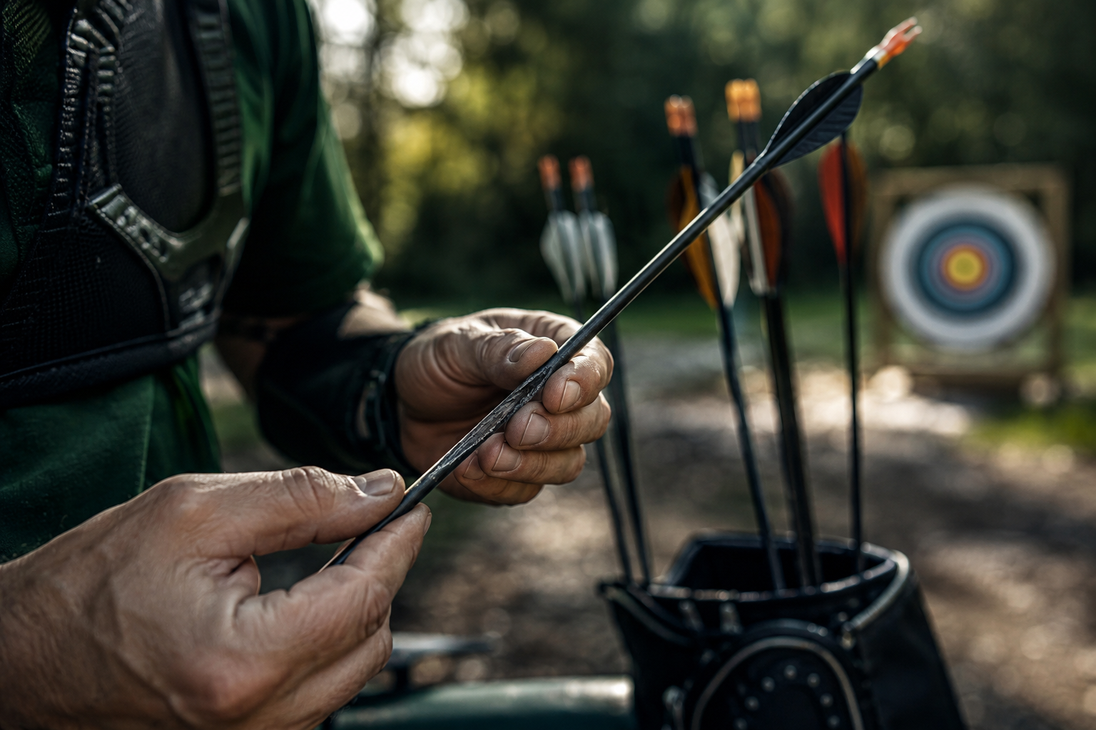 Professional () hero image showing a close-up of an archer's hands carefully inspecting a carbon arrow shaft under bright