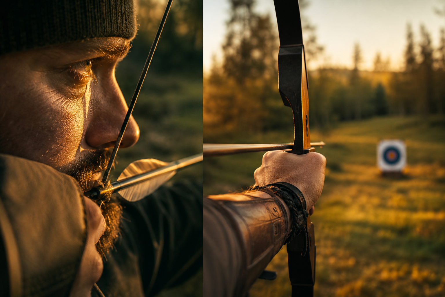 Professional () hero image showing a traditional archer at full draw with a recurve bow in golden hour lighting, split