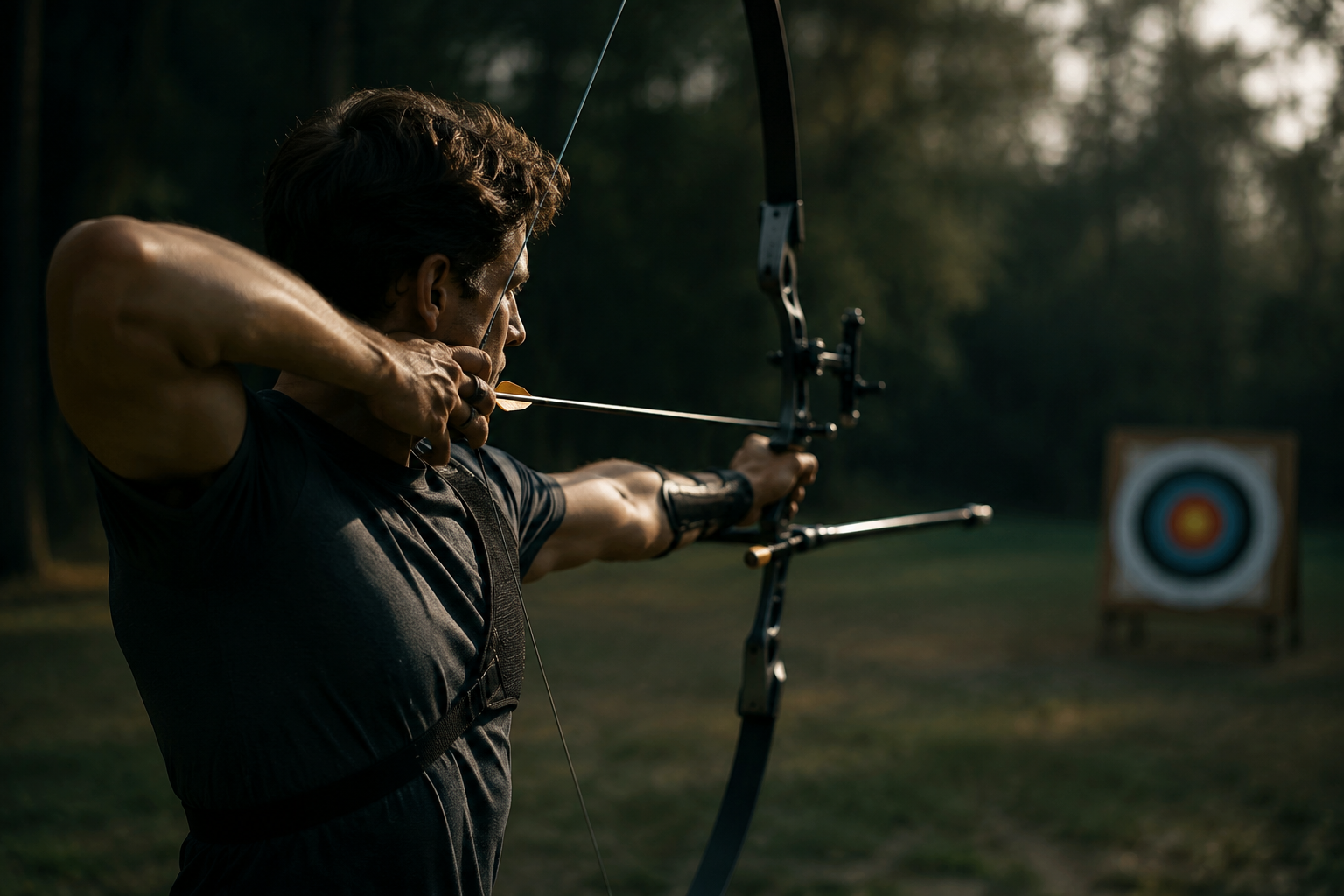 Professional () hero image showing an archer at full draw frozen in position, unable to release, with tension visible in