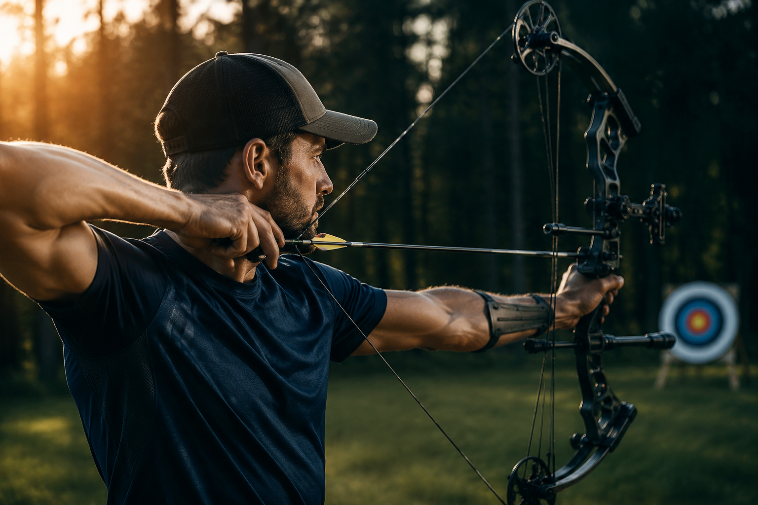 Professional () hero image showing an archer at full draw in perfect form, side profile view capturing the smooth alignment