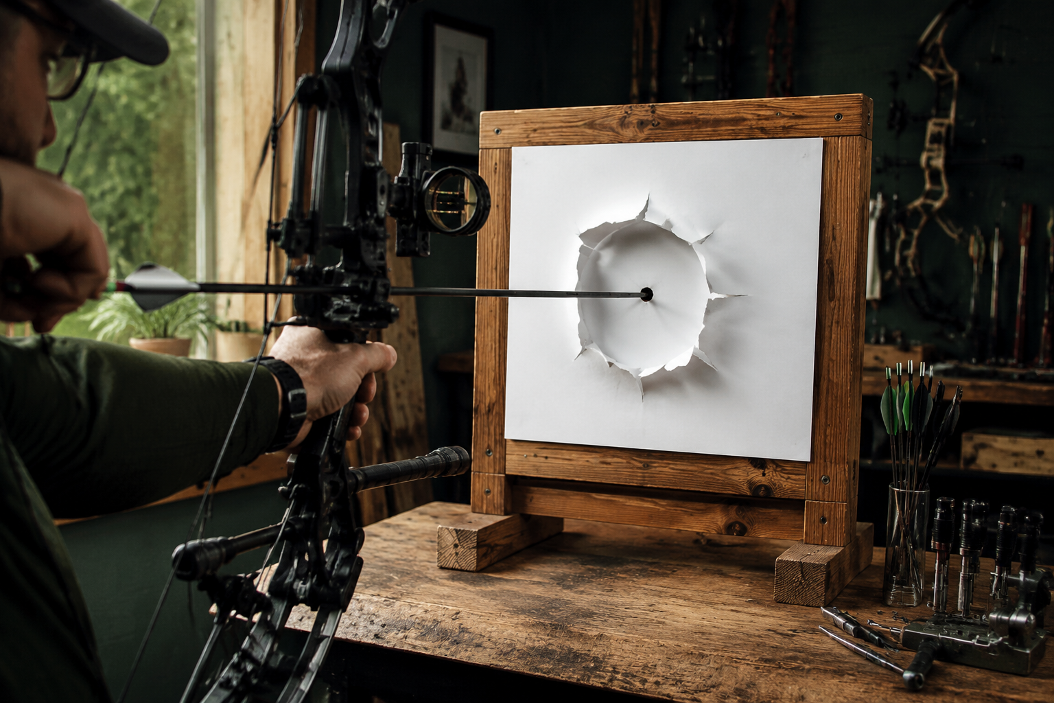Professional () hero image showing an archer's hands holding a compound bow at full draw, arrow positioned perfectly through