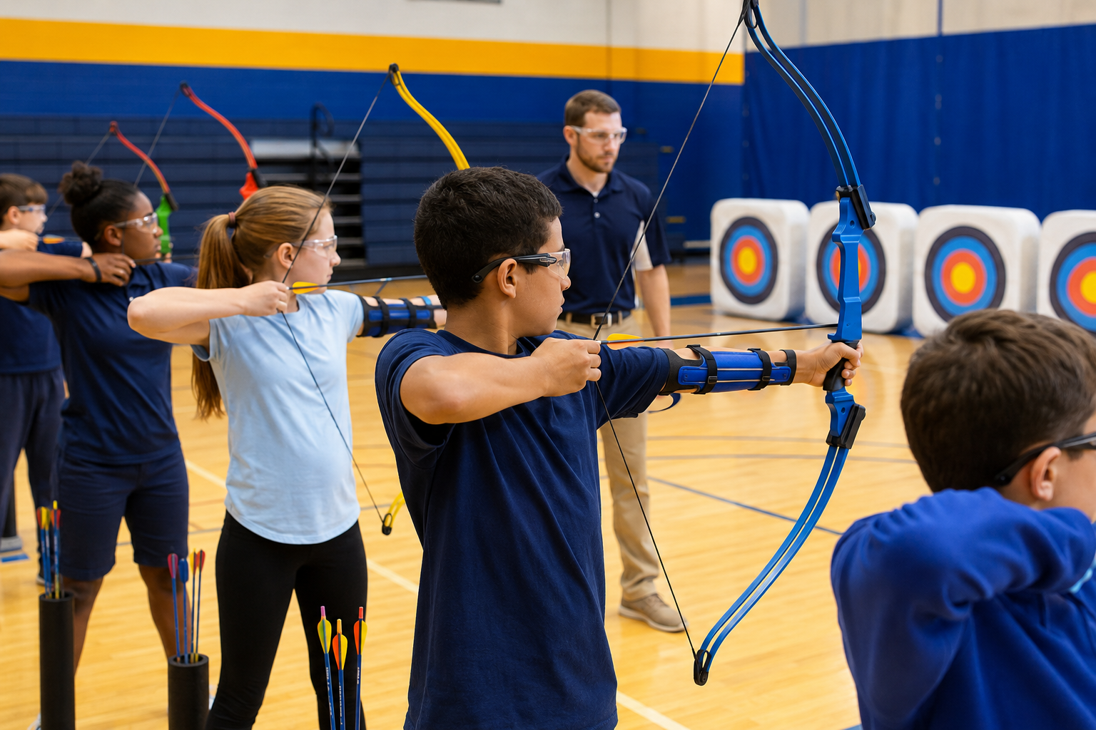 Professional () hero image showing middle school students in a gymnasium practicing archery with Genesis bows, shooting at