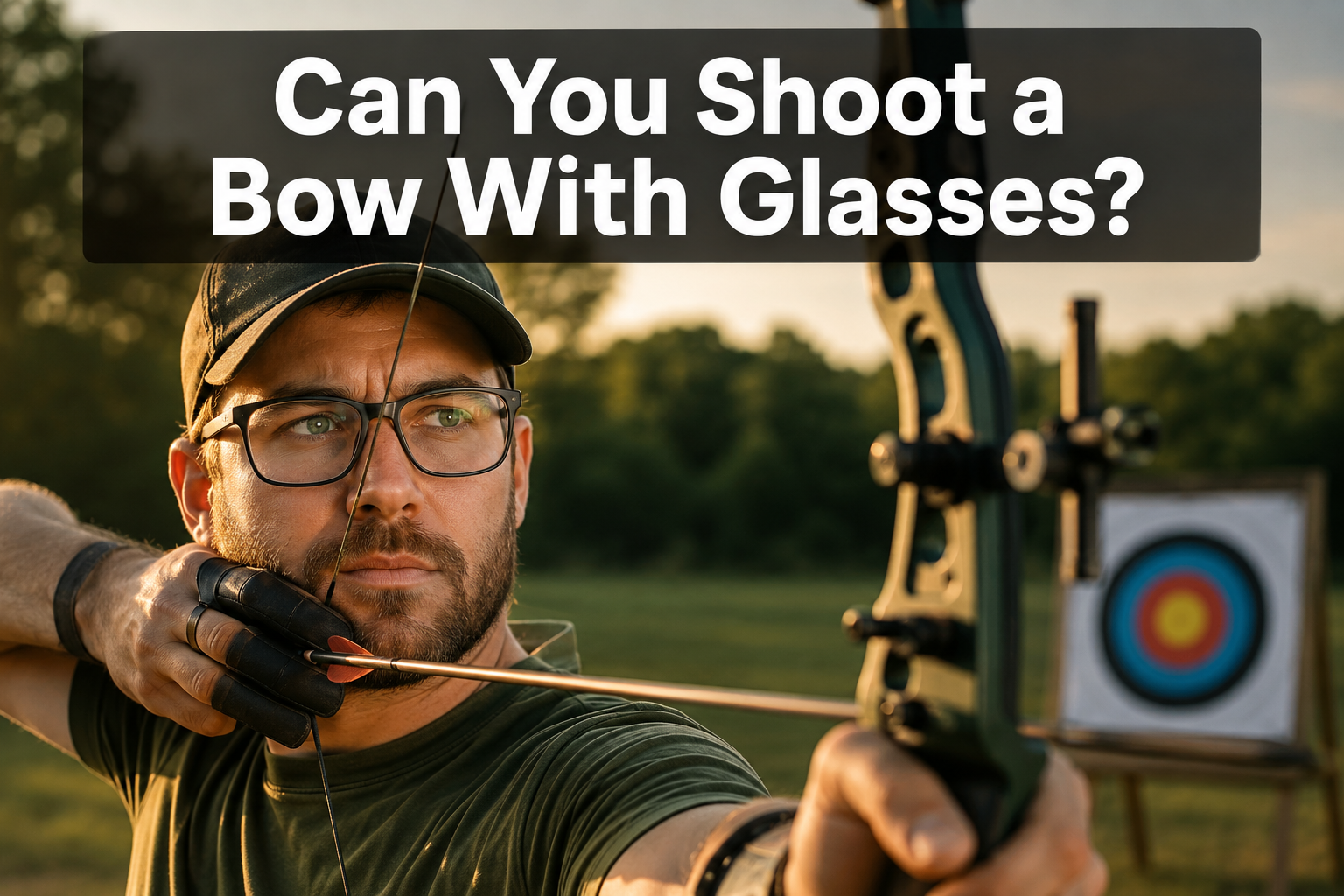 Professional () hero image with 'Can You Shoot a Bow With Glasses?' in large white on semi-transparent dark bar, centered in