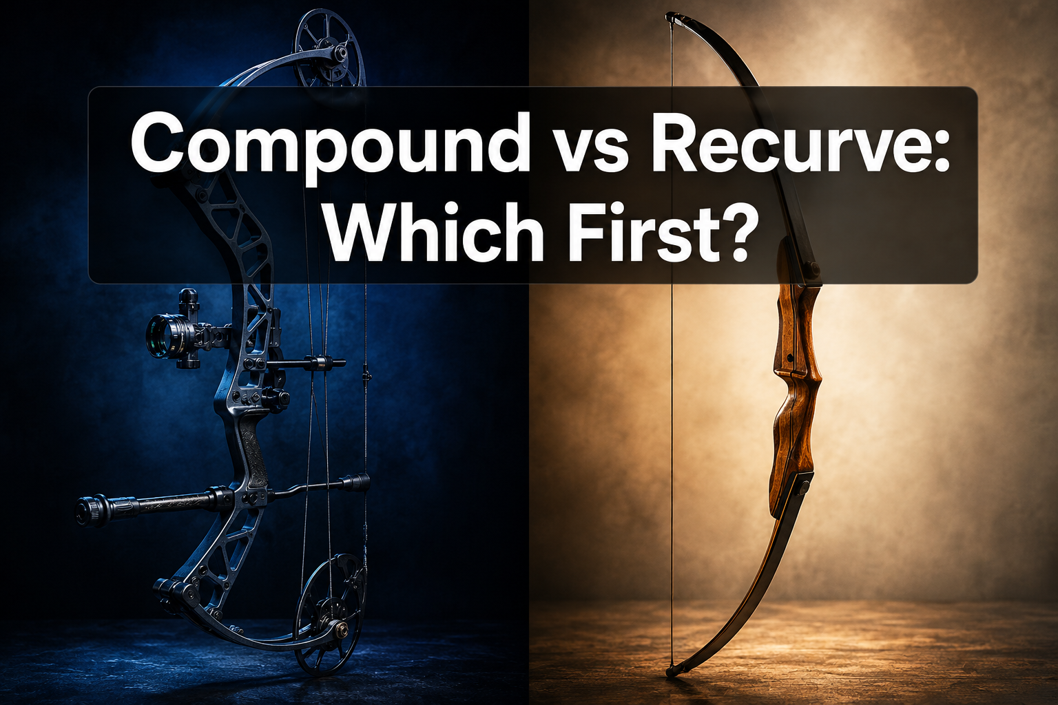 Professional () hero image with 'Compound vs Recurve: Which First?' in large white on semi-transparent dark bar, centered in