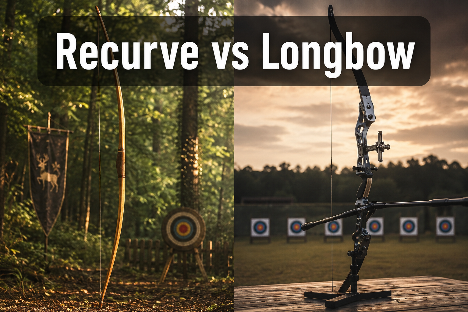 Professional () hero image with white 'Recurve vs Longbow' centered in upper third on semi-transparent dark bar, 8% safe