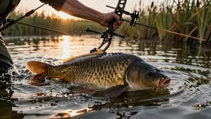 A person using a bowfishing bow holds a large carp in shallow water at sunset, with reeds visible in the background.